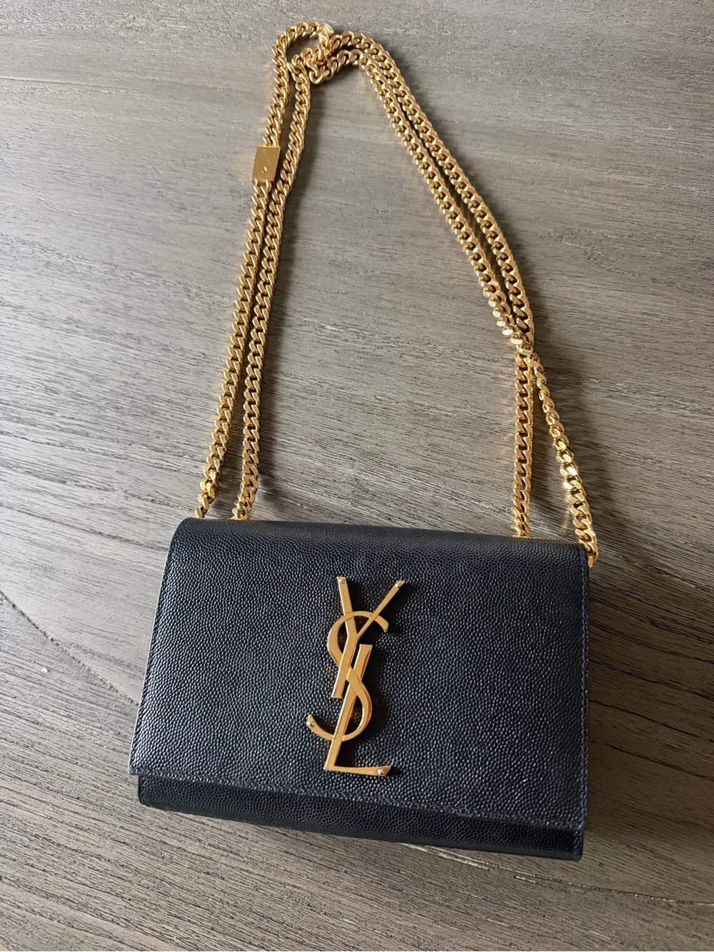 Saint Laurent Kate small Black Leather Crossbody with Gold YSL Chain